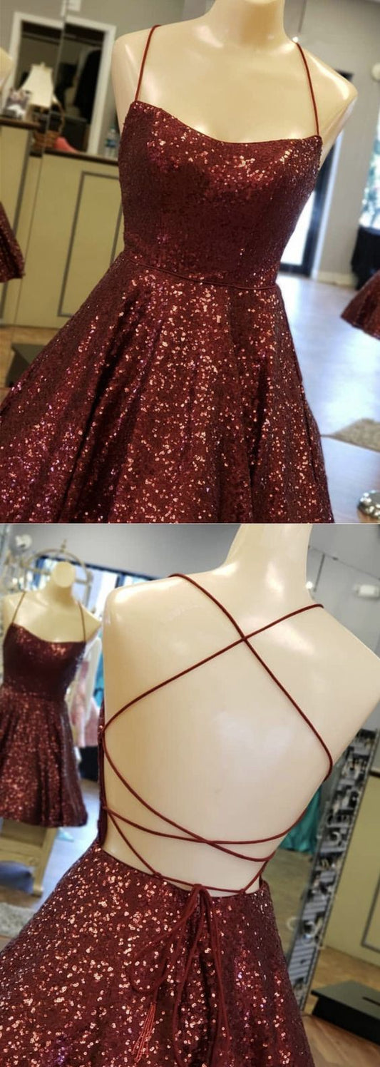 Burgundy Sequin Open Back Angie Homecoming Dresses CD4751