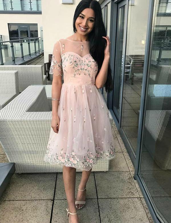 A-Line Crew Short Sleeves Samantha Homecoming Dresses Pink Tulle Party Dress With Embroidery Cheap CD535