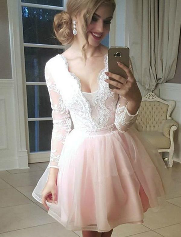 A-Line V-Neck Long Sleeves Tulle Frida Homecoming Dresses Pink Cocktail Dress With Appliques CD536