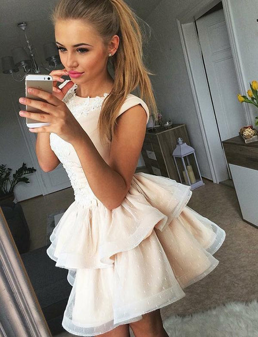 A-Line Satin Homecoming Dresses Cocktail Kamora Jewel Short Champagne Dress With Applique CD539