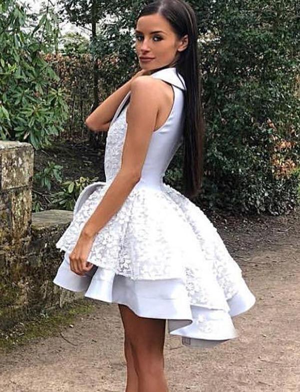 A-Line V-Neck Sleeveless Short Dress Hilary Lace Cocktail Homecoming Dresses With CD544