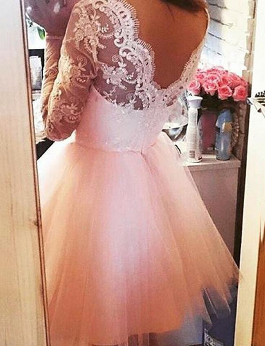 A-Line Square Long Sleeves Tulle Dress With Cocktail Lorelei Lace Pink Homecoming Dresses CD562