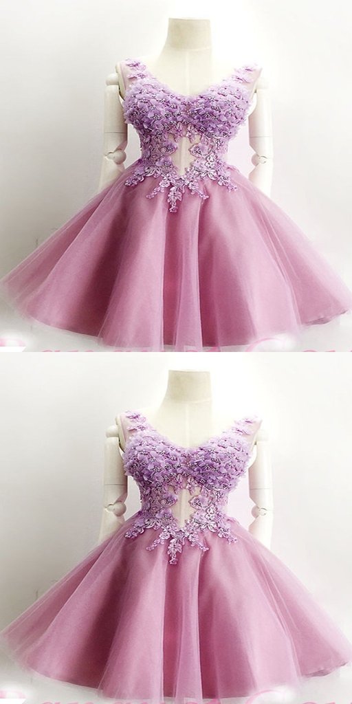 Elegant A-Line Lavender Tulle With Homecoming Dresses Cecelia Scoop Neckline Short With Appliques CD595