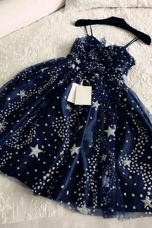 Spaghetti Straps Navy Kiersten Homecoming Dresses Blue Tulle Sweetheart Short CD623