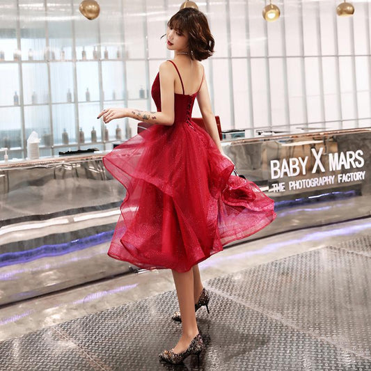 BURGUNDY V NECK TULLE Aliya Homecoming Dresses SHORT CD712