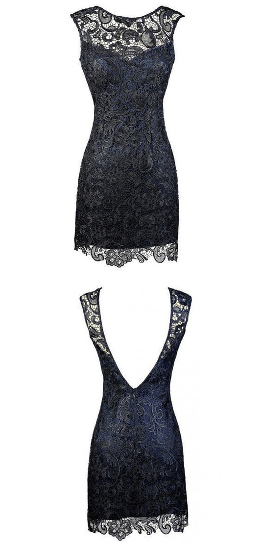 Sheath Bateau Backless Short Homecoming Dresses Lace Jasmin Navy Blue Mother Of The Bride Dress CD819