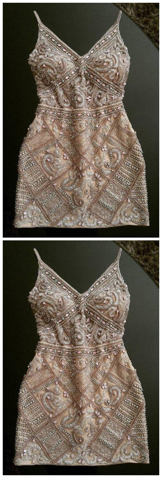 Sheath Spaghetti Lynn Homecoming Dresses Cocktail Straps Beading Short Dress CD828