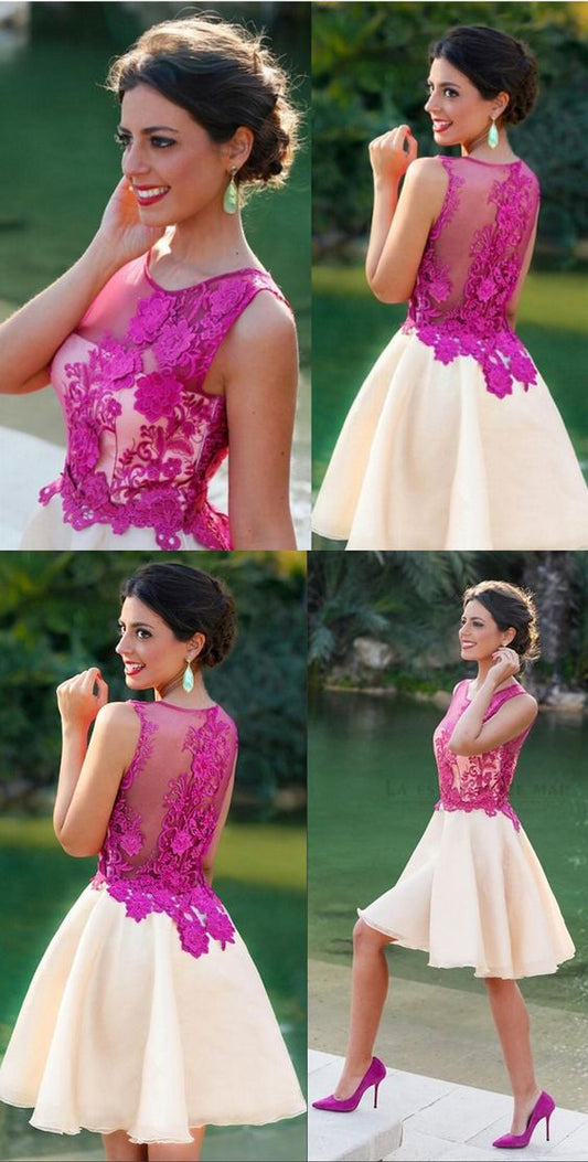 Hayley A Line Homecoming Dresses Ivory Fuchsia Appliques Sheer CD8747