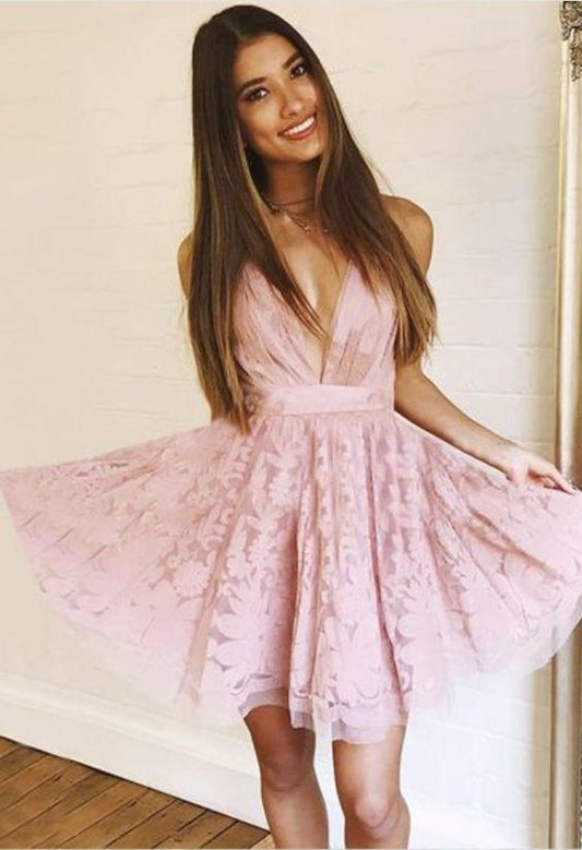 Pink Homecoming Dresses Taylor Lace V-Neck CD90