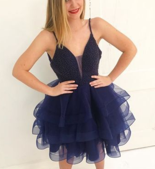 Beautiful Short Homecoming Dresses Maya Dress Beaded Navy Blue Dress CD935
