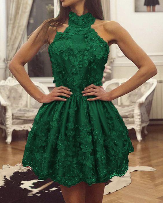 Short Green Halter Virginia Lace Homecoming Dresses CD9743