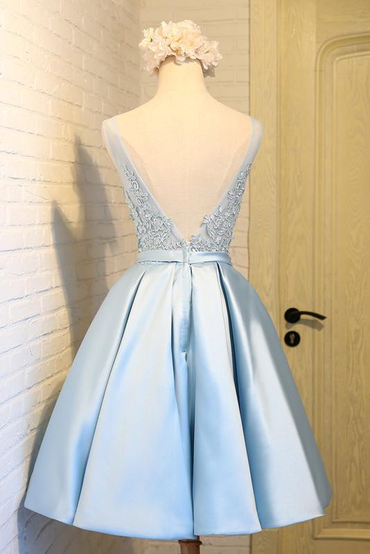 Sky Blue A-Line V-Neck Short Prom Dresses Appliques Lace Homecoming Dresses RS568