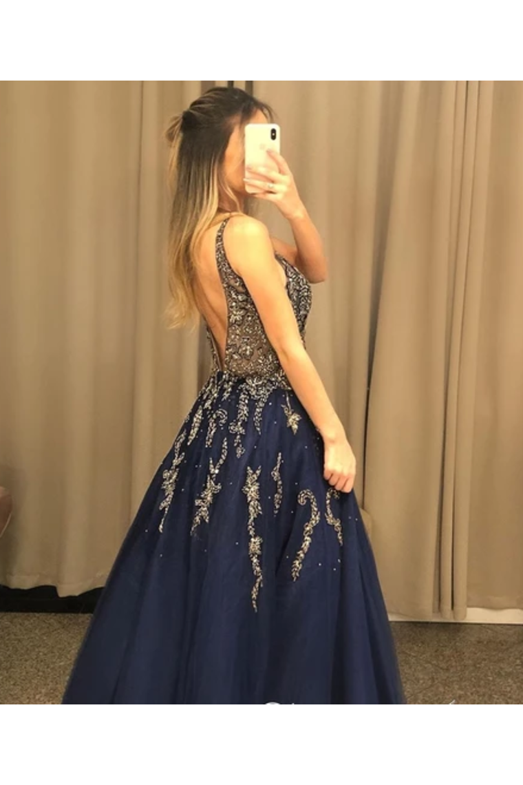 See Through Beaded Bodice V Neck Line Sexy Party Dress Tulle Long Prom SRSPYPFH7EN