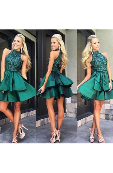 Pretty A-line High Neck Above-knee Beaded Dark Blue Backless Short Homecoming Dresses RS165