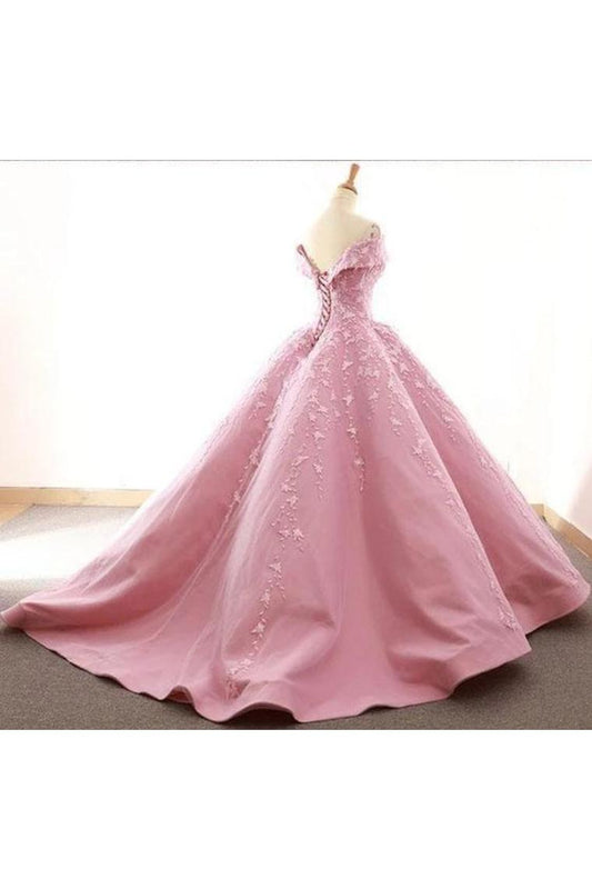 Ball Gown Off The Shoulder Satin Prom Dress With Appliques Long Quinceanera SRSPDJZ6JB1