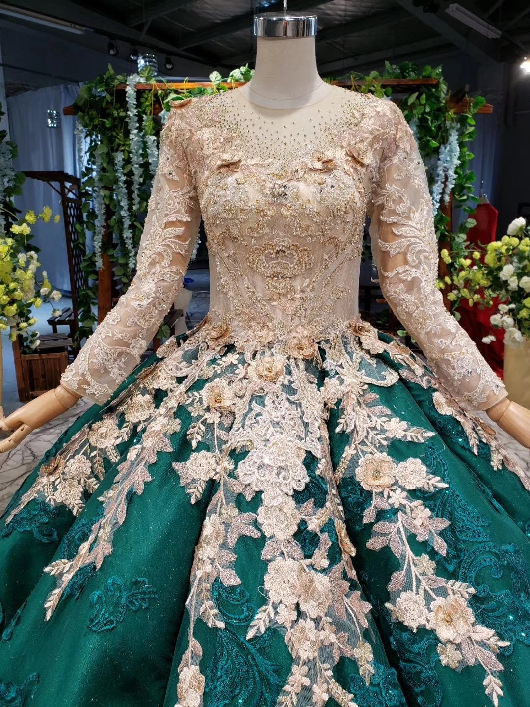 Ball Gown Long Sleeve Satin Beads Prom Dresses, Quinceanera Dresses with Appliques SRS15059