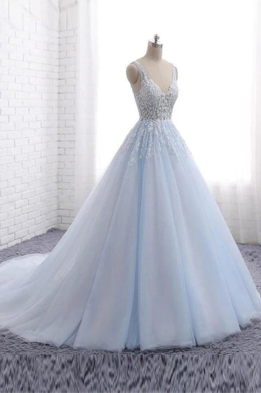 Princess Light Blue Long Ball Gown Lace Tulle Prom Dresses, V Neck Formal Dresses SRS15297