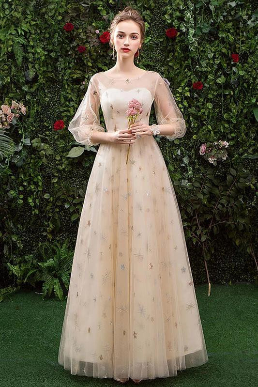 Princess A Line Long Sleeve Tulle Round Neck Evening Dress with Appliques, Prom Gowns SRS15283