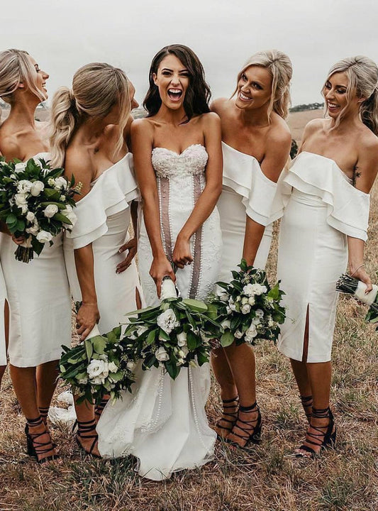 Simple Off the Shoulder White Short Bodycon Bridesmaid Dresses, Prom SRS20487