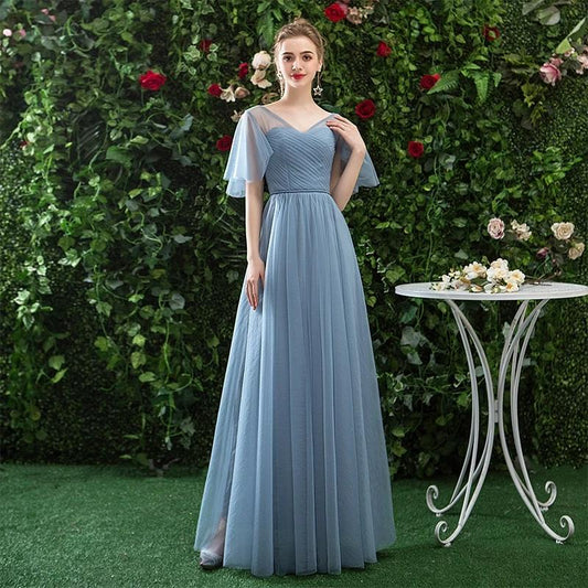A Line V Neck Tulle Blue Cheap Prom Dress, Long Floor Length Bridesmaid Dresses SRS15044