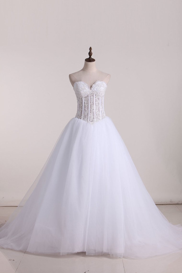 2024 Gorgeous Wedding Dresses A-Line Sweetheart See Through Floor-Length Tulle With Pearls Lace Up
