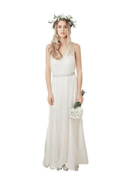 A-Line Ivory Lace Sleeveless V-Neck Vintage V-Back Tulle Floor Length Cheap Wedding Dresses RS279