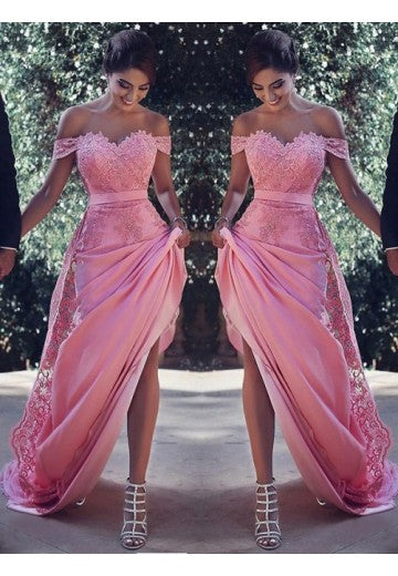 Pink Sheath Off-the-Shoulder Sweep Train Prom Dress with Lace Sash Ruffles RS779