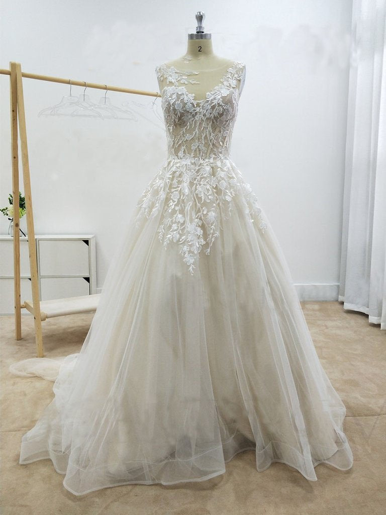 A Line Floral Appliques Beach Wedding Dresses Backless Tulle Boho Wedding Gowns RS947