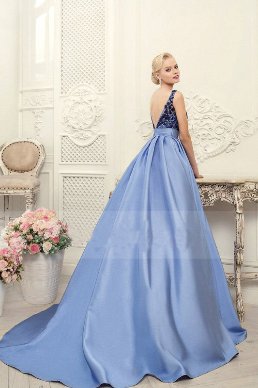 2024 Scoop Blue A-Line Appliques Satin Backless Sleeveless Quinceanera Dress Prom Dresses RS456