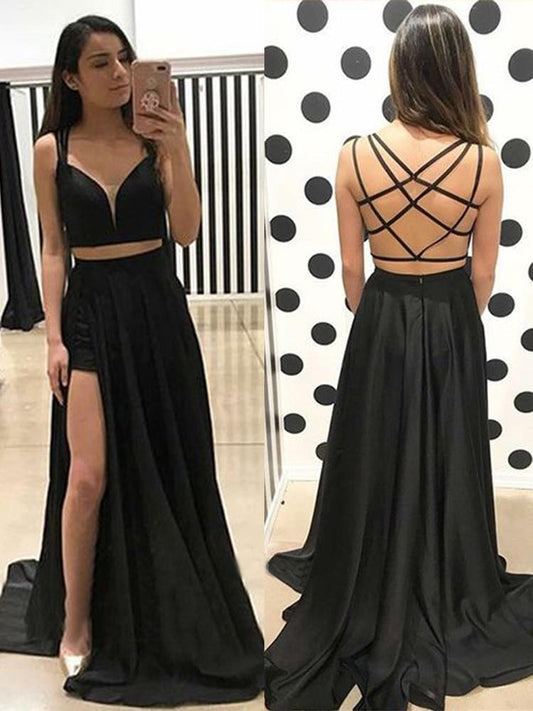 Sexy A Line V Neck Two Piece Sweetheart Cross Back Split Black Long Prom Dresses RS137