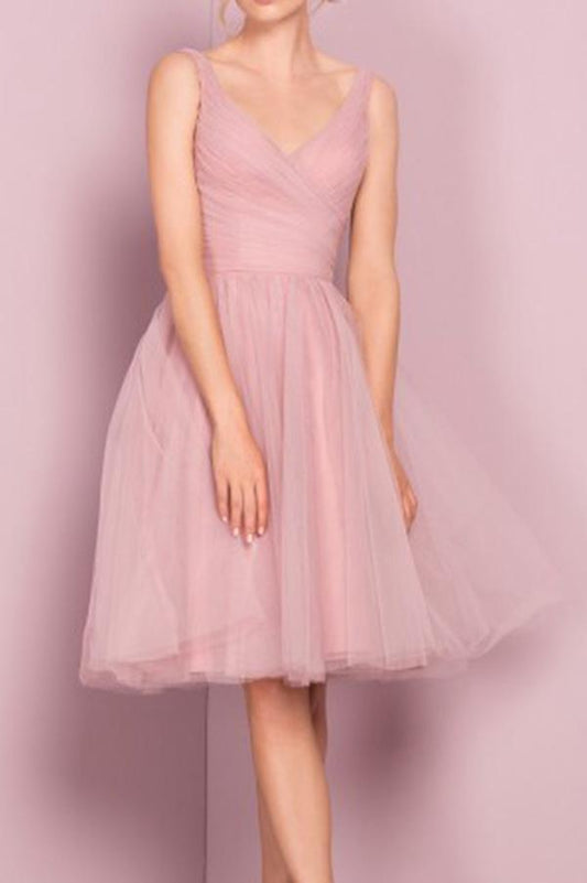 Princess A-line Knee Length Short Pink V Neck Tulle Homecoming Dress Party Dress RS680