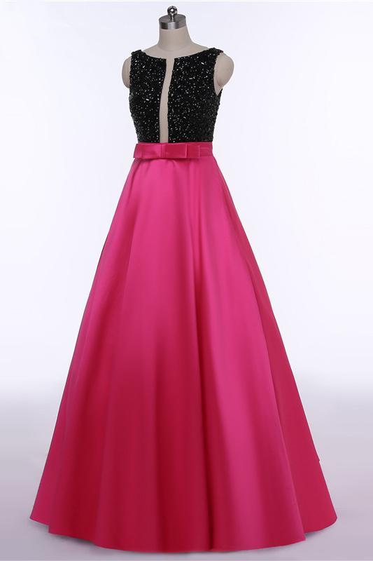 Red Open Back Beads Bowknot with Pockets Round Neck Sleeveless Prom Dresses RS511