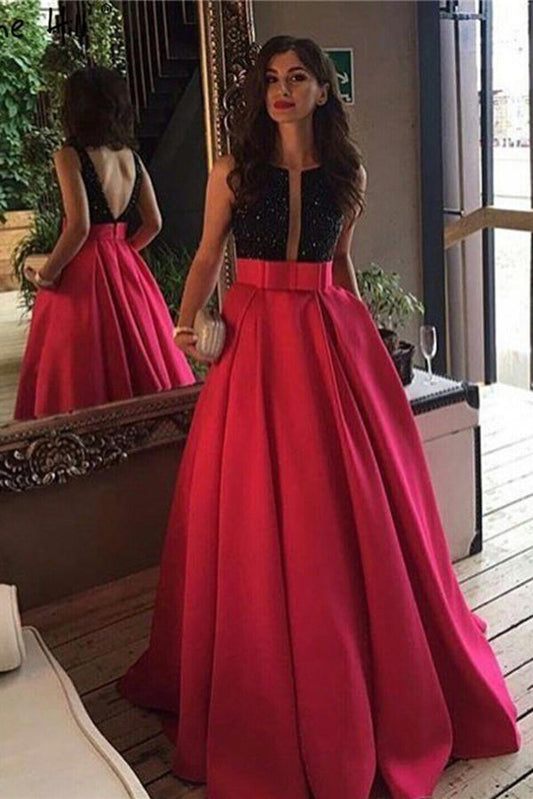 Red Open Back Beads Bowknot with Pockets Round Neck Sleeveless Prom Dresses RS511