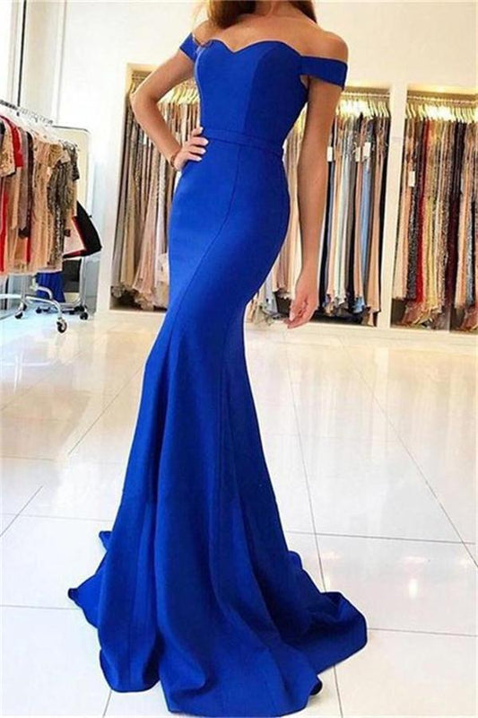Royal Blue Long Mermaid Off the Shoulder Sweetheart Satin Pretty Prom Dresseses RS90