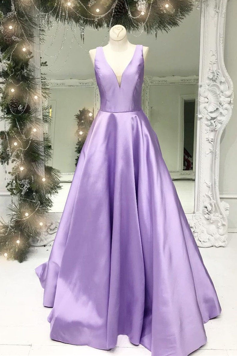 Princess A Line Deep V Neck Yellow Long Satin Backless Evening Dresses Prom Dresses RS962