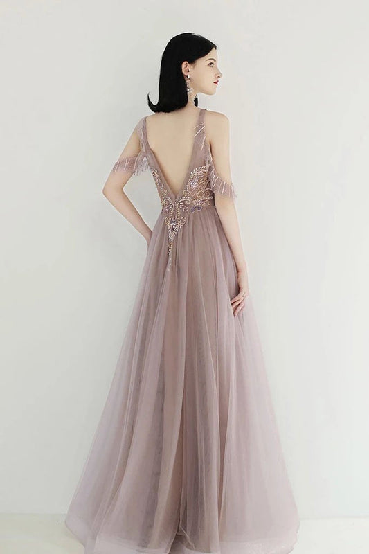 Princess Off the Shoulder Tulle Beads V Back Formal Dresses Dance Prom Dresses SRS15303