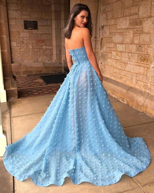 Sexy A line See Through Strapless Slit Backless Blue Prom Dresses with Appliques SRS15593