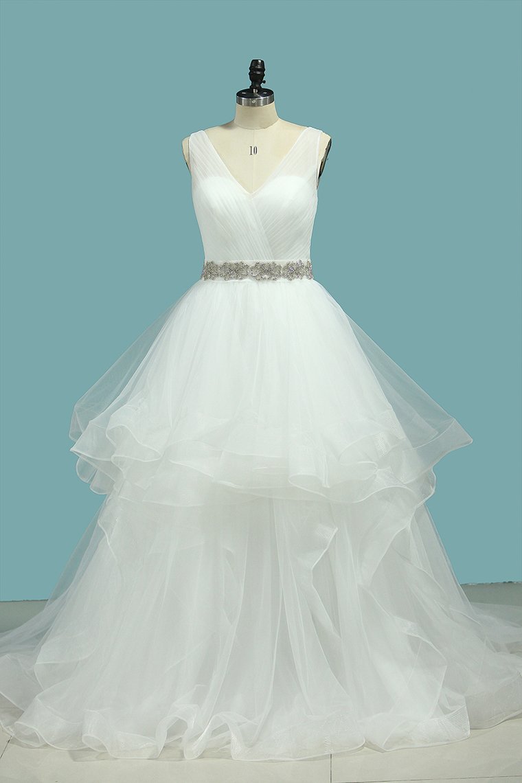 2024 Wedding Dresses V-Neck Tulle With Beaded Belt Court Train