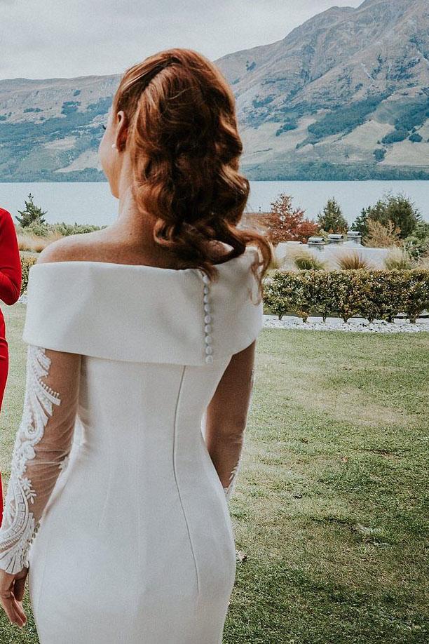 Charming Off the Shoulder Long Sleeves V Neck Mermaid Wedding Dresses, Bridal Dresses SRS15116