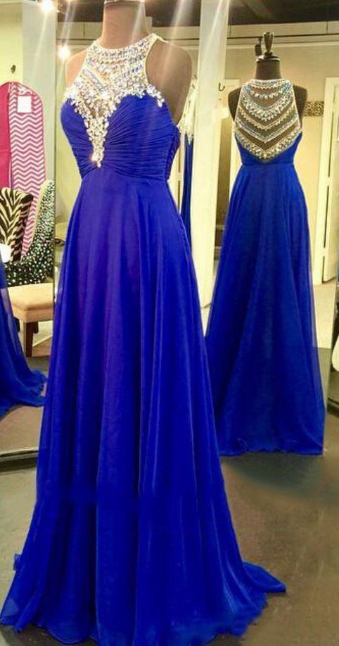 Royal Blue Sparkle Beads Halter Pretty Illusion High Neck Chiffon Prom Dresses RS405