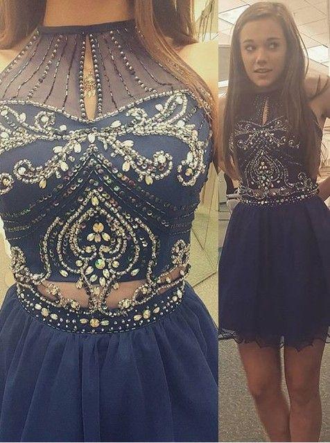A-line High Neck Sleeveless Beaded Navy Blue Mini Chiffon Cocktail Homecoming Dress RS482