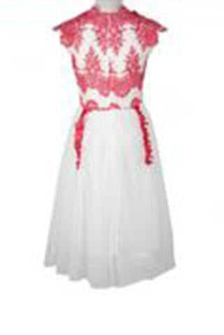 Vintage Scalloped-Edge Knee-Length White Homecoming Dress with Navy Blue Appliques RS487