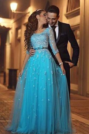 Round Neck Applique Bodice Long Tulle Prom Dresses Evening Dresses RS504