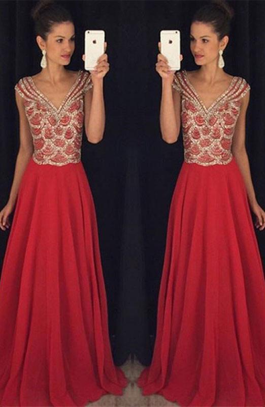Red V-neck Beading Bodice Long Chiffon Prom Dresses Evening Dresses RS551