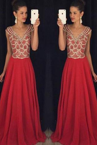 Red V-neck Beading Bodice Long Chiffon Prom Dresses Evening Dresses RS551