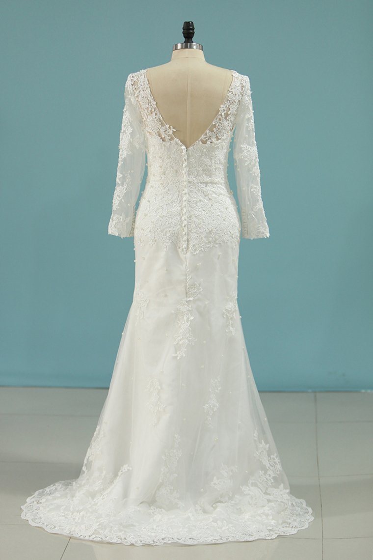 2024 Wedding Dresses V Neck Sheath With Applique Long Sleeves Detachable Train