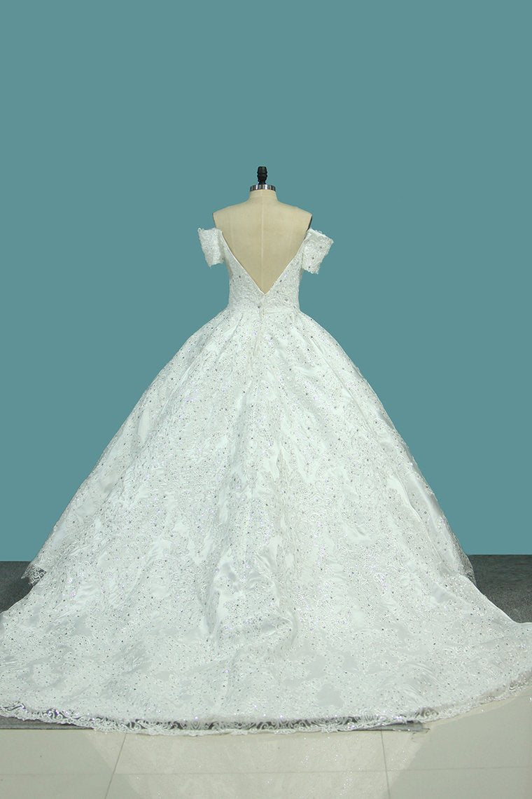 2024 Luxurious Satin Ball Gown Off The Shoulder Wedding Dress With Appliques And Beads