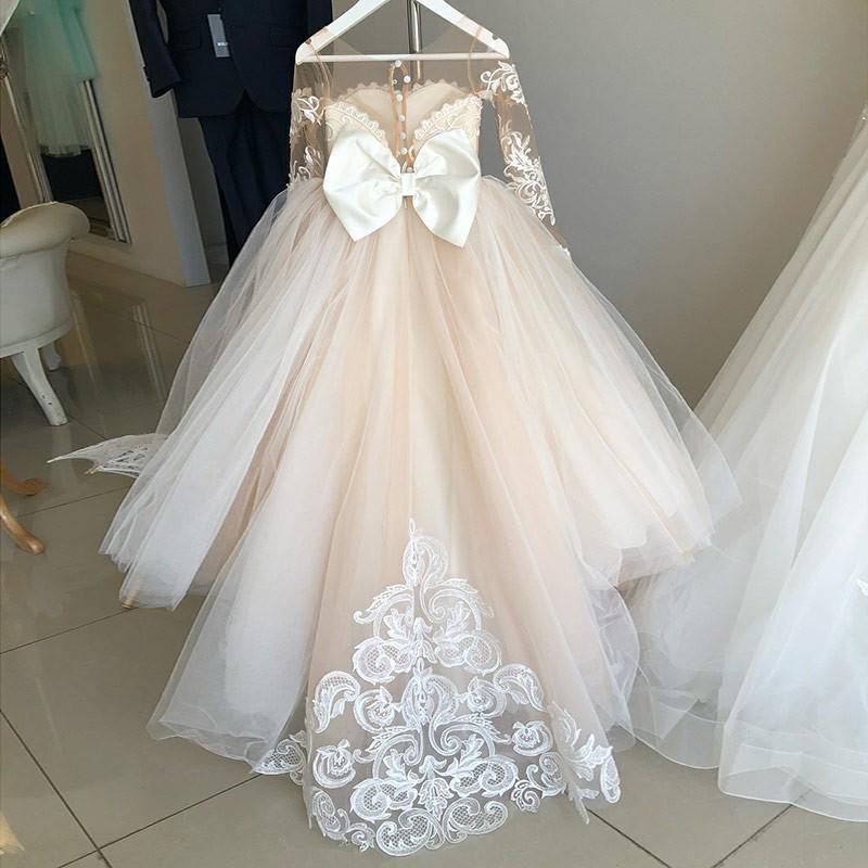Princess A-Line Round Neck Tulle Long Sleeves Bowknot Flower Girl Dress with Appliques RS797