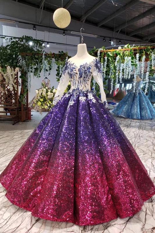 Ball Gown Ombre Sparkly Long Sleeve Sequins Prom Dresses, Quinceanera Dresses SRS15066