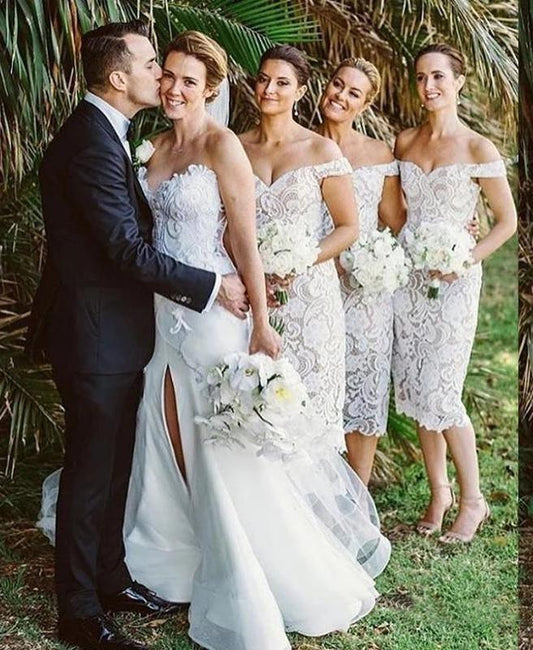 Unique Mermaid Off the Shoulder Ivory Lace Sweetheart Bridesmaid Dresses with Slit SRS15540